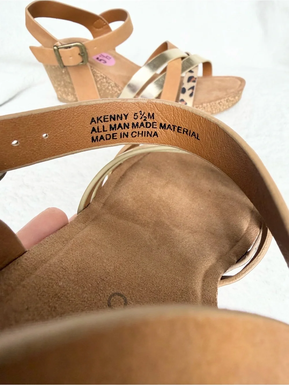 Andiamo Women’s Tan Wedge Sandals with Gold and Leopard Accents Size 5.5 New